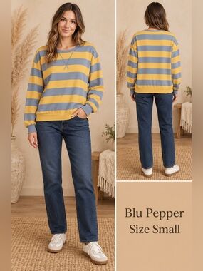 Blu Pepper Yellow and Gray Striped Crewneck Sweater